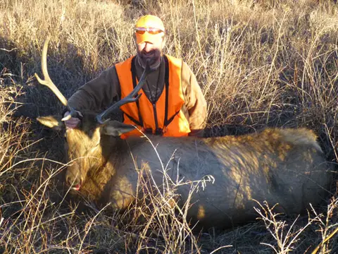 Hunter with a bull elk in the sagebrush